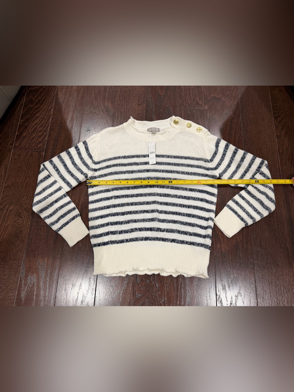 J.Crew Women Stripe Sweater Small Linen Blend Navy WhiteGold Button Nautical NEW - Picture 5 of 10